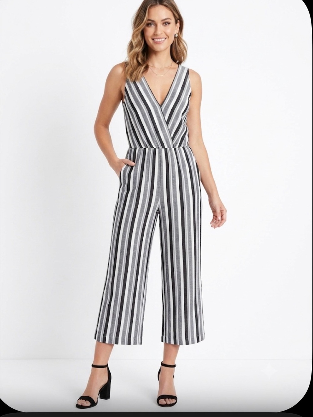 Amanda Uprichard Black & White Striped V-Neck Wide-Leg Jumpsuit